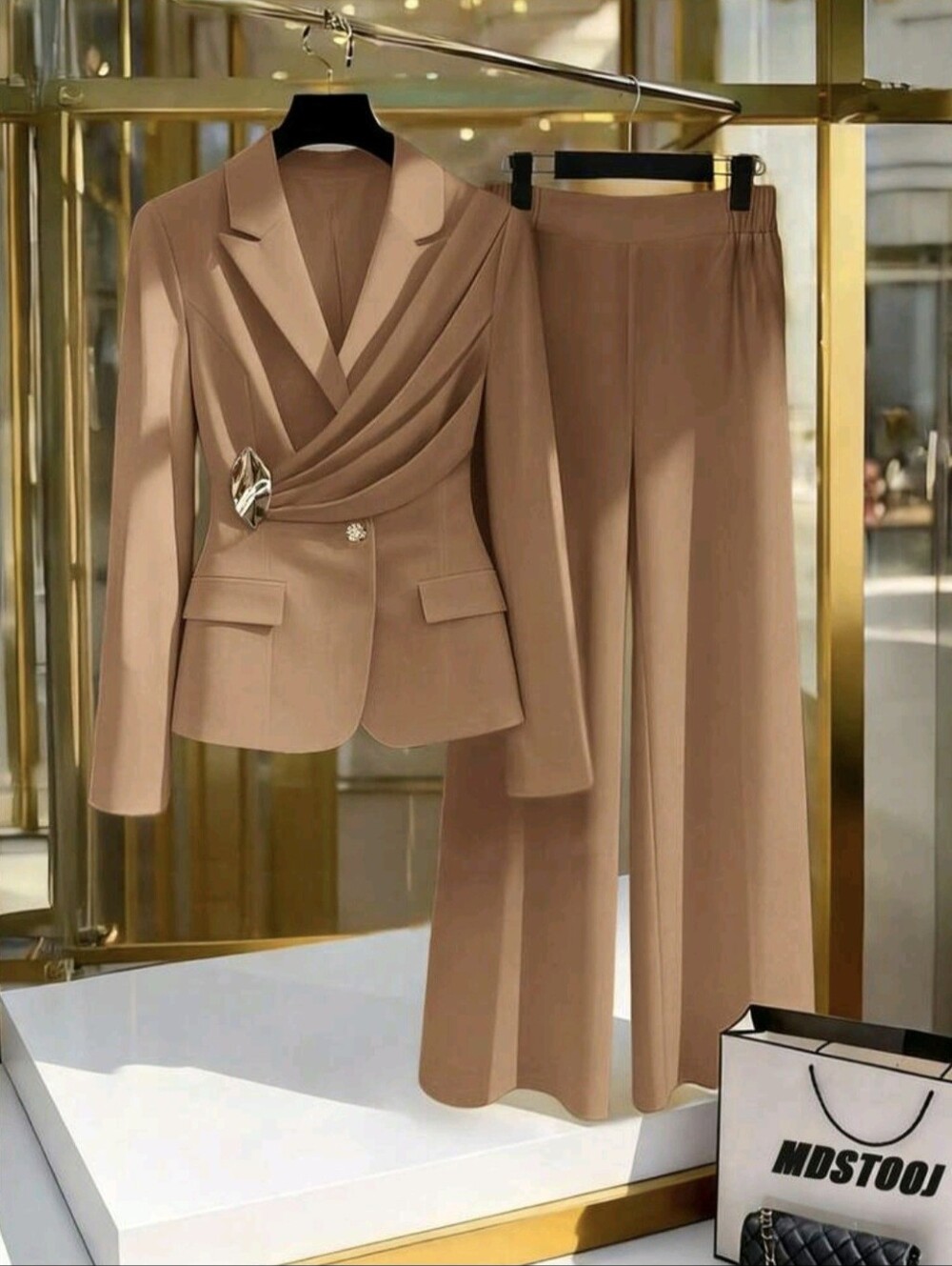 Commuter Office Chic Waist Cinched Flare Pants With Decorative Button Design